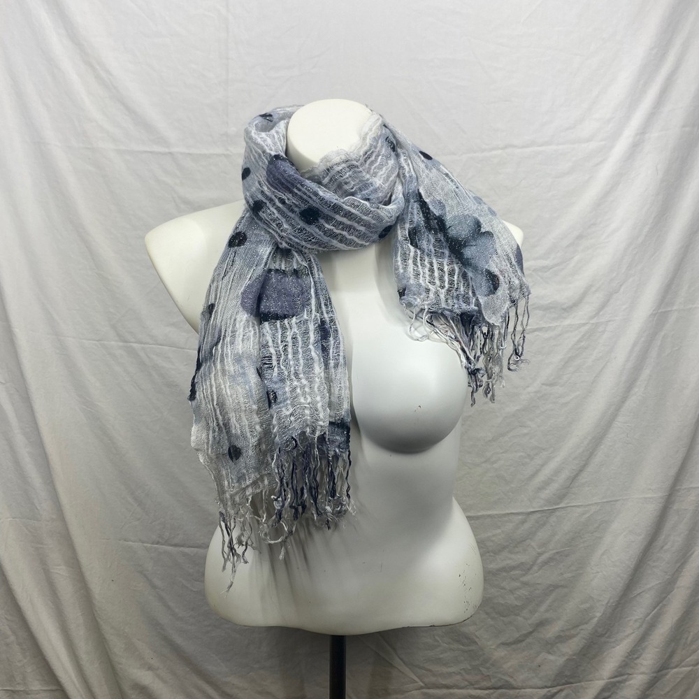 Floral Metallic Shimmer Scarf Grey Black White Crinkle Textured Fringe Wrap